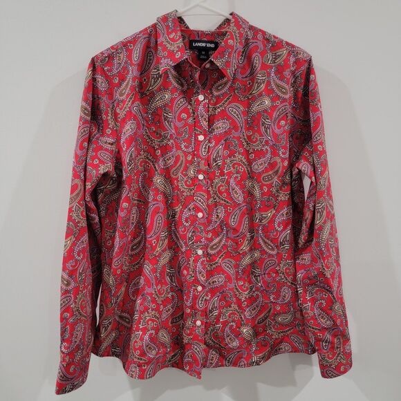 Lands End Womens Button Up Top Size 12 Paisley Red Supima Cotton - Picture 1 of 7